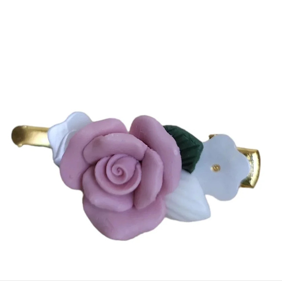 Porcelain Cabochons Roses Gold Plated Alligator Flower Mother of Pearl Hair Clip - Picture 1 of 4